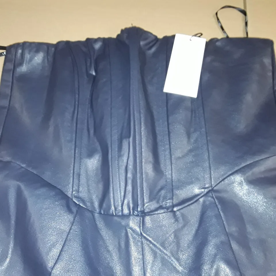 CLUB OF LONDON NAVY FAUX LEATHER STRAPLESS CORSET DETAIL WIDE LEG JUMPSUIT - UK 14