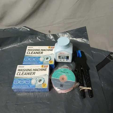 APPROXIMATELY 20 ASSORTED ITEMS TO INCLUDE WASHING MACHINE CLEANER, PIPE DREDGING AGENT, DOUBLE SIDED SATIN RIBBON ETC