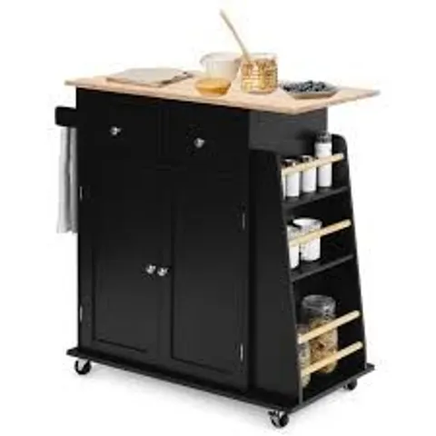 BOXED COSTWAY BLACK KITCHEN ISLAND WITH RUBBER WOOD COUNTERTOP AND STORAGE ON WHEELS