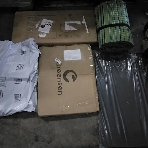 PALLET OF ASSORTED ITEMS INCLUDING BOARD WITH METAL DESK, GREENSEN, FOLDING STORAGE OTTOMAN, ANTI FATIGUE MAT, GREENSTALL LAUNDRY HAMPER
