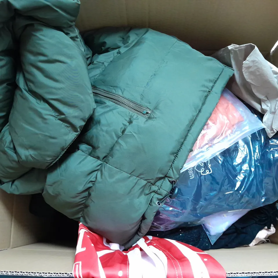 LARGE BOX OF ASSORTED CLOTHING ITEMS IN VARIOUS COLOURS AND SIZES INCLUDING TROUSERS , TOPS AND JUMPERS 