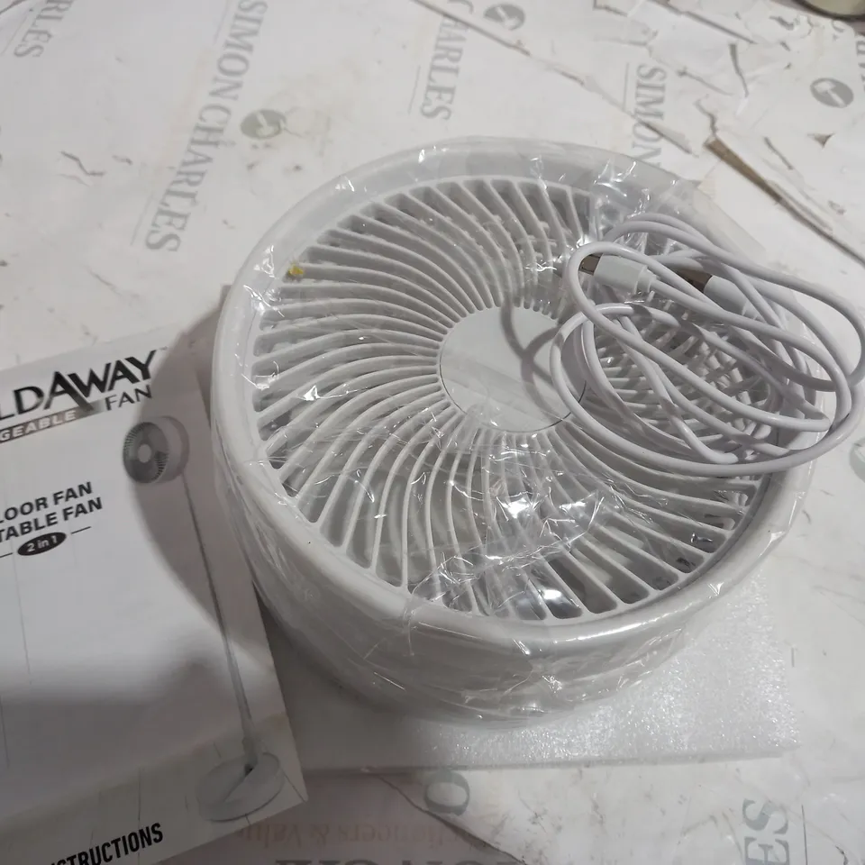 BOXED BELL & HOWELL RECHARGEABLE EXTENDABLE DESK & FLOOR FAN, WHITE