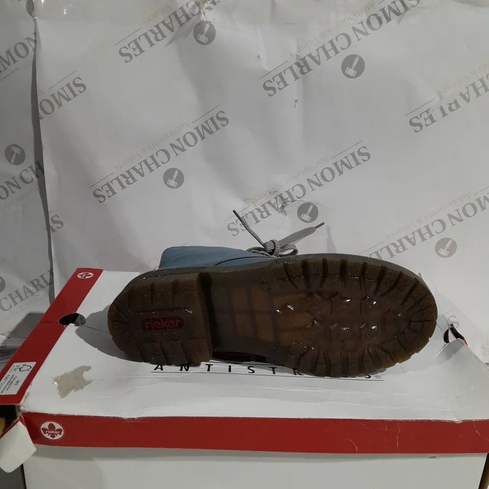 BOXED PAIR OF RIEKER LACE ANKLE BOOTS BLUE SIZE 6