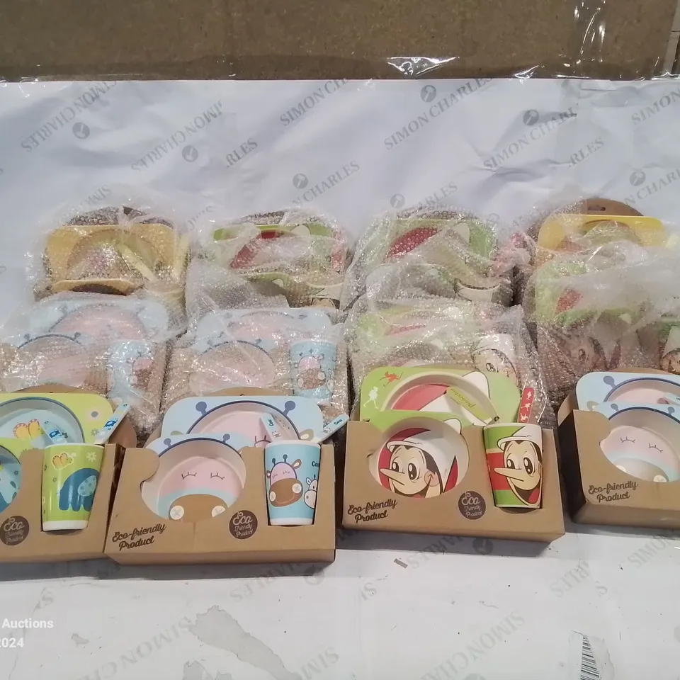 12 SETS OF CHILDREN'S ECO FRIENDLY PLATE, BOWL, CUP AND CUTLERY SETS.