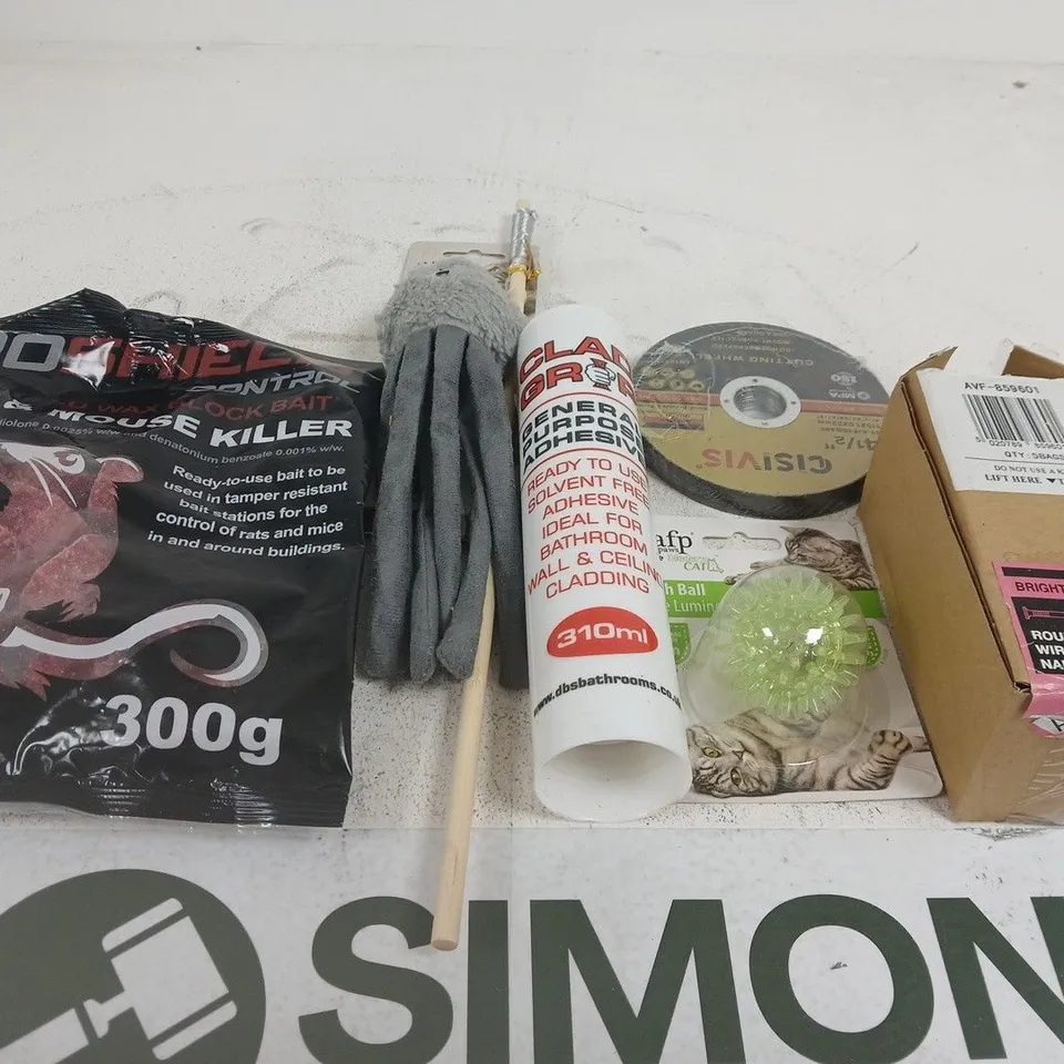 APPROXIMATELY 15 ASSORTED HOUSEHOLD PRODUCTS TO INCLUDE RODENT KILLER BAIT 300G, SILICONE SEALANT 310ML, NAILS, TAPE & CLEANING ACCESSORIES 