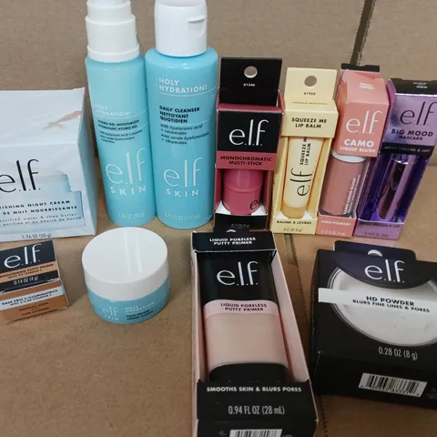 APPROX 12 ASSORTED E.L.F PRODUCTS TO INCLUDE NIGHT CREAM, LIP BALM, MASCARA, ETC 