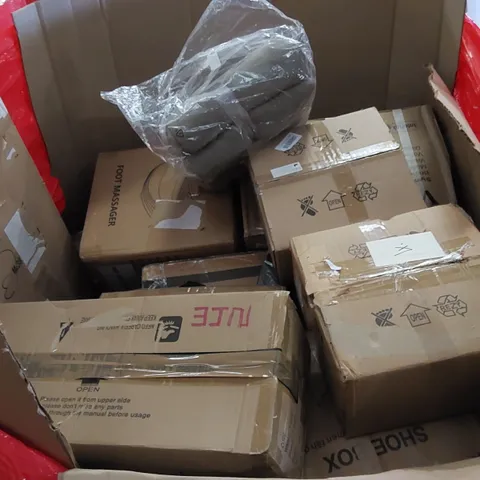 PALLET CONTAINING HOUSEHOLD AND CONSUMER PRODUCTS. INCLUDES FOOT MASSAGER, SHOE BOX, BLANKET/THROW, BOXED FURNITURE ETC