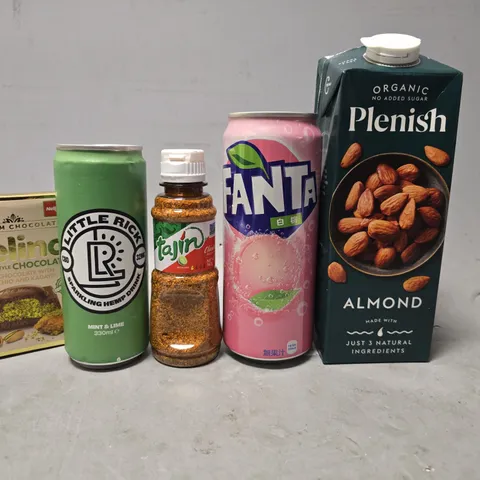APPROXIMATELY 11 ASSORTED FOOD & DRINK ITEMS TO INCLUDE - PLENISH ALMOND , FANTA , DUBIA CHOCOLATE ETC