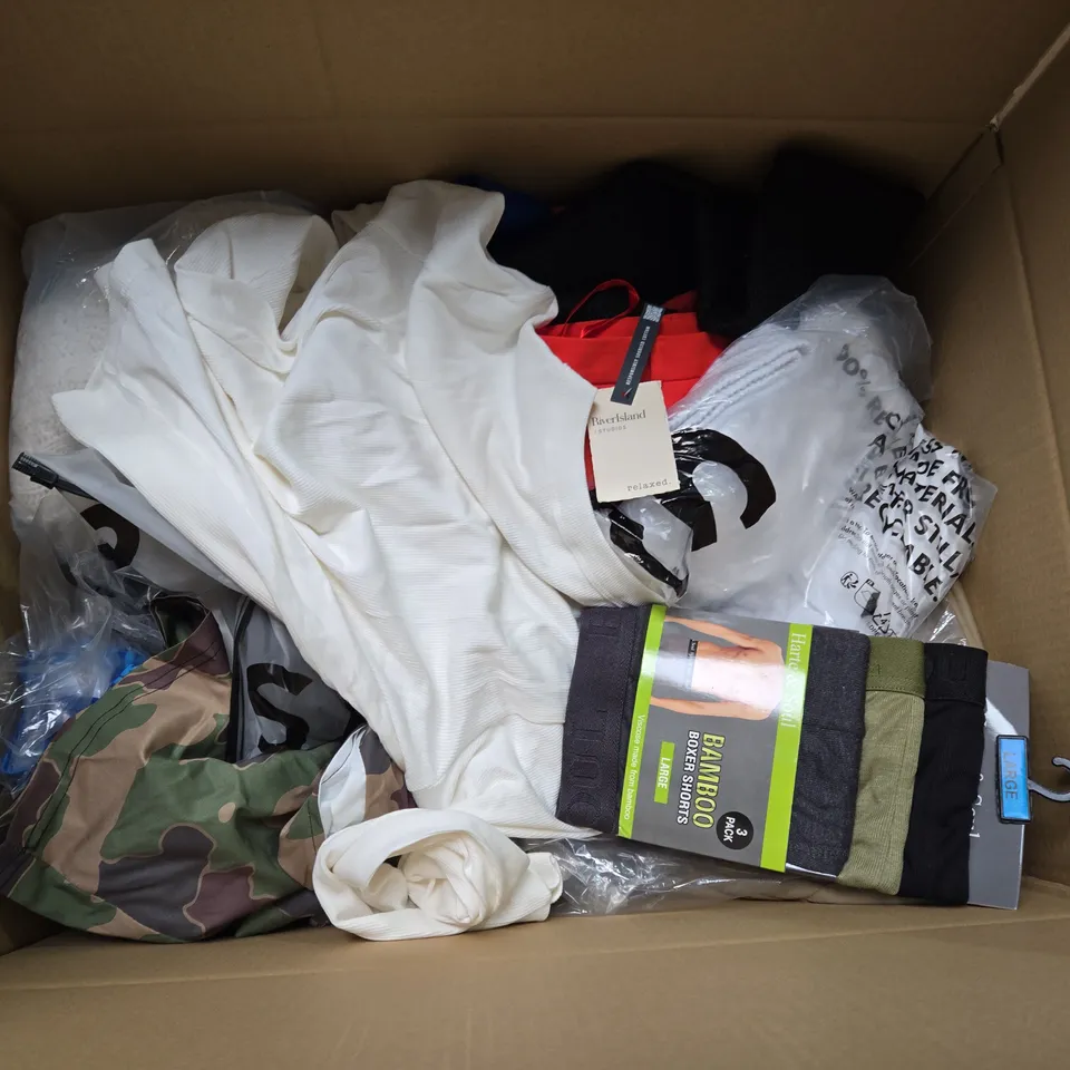 LARGE BOX OF ASSORTED CLOTHING ITEMS IN VARIOUS SIZES, STYLES AND COLOUR 