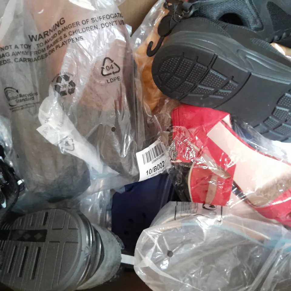 BOX OF APPROXIMATELY 15 ASSORTED PAIRS OF SHOES AND FOOTWEAR ITEMS IN VARIOUS COLOURS, STYLES, AND SIZES - COLLECTION ONLY