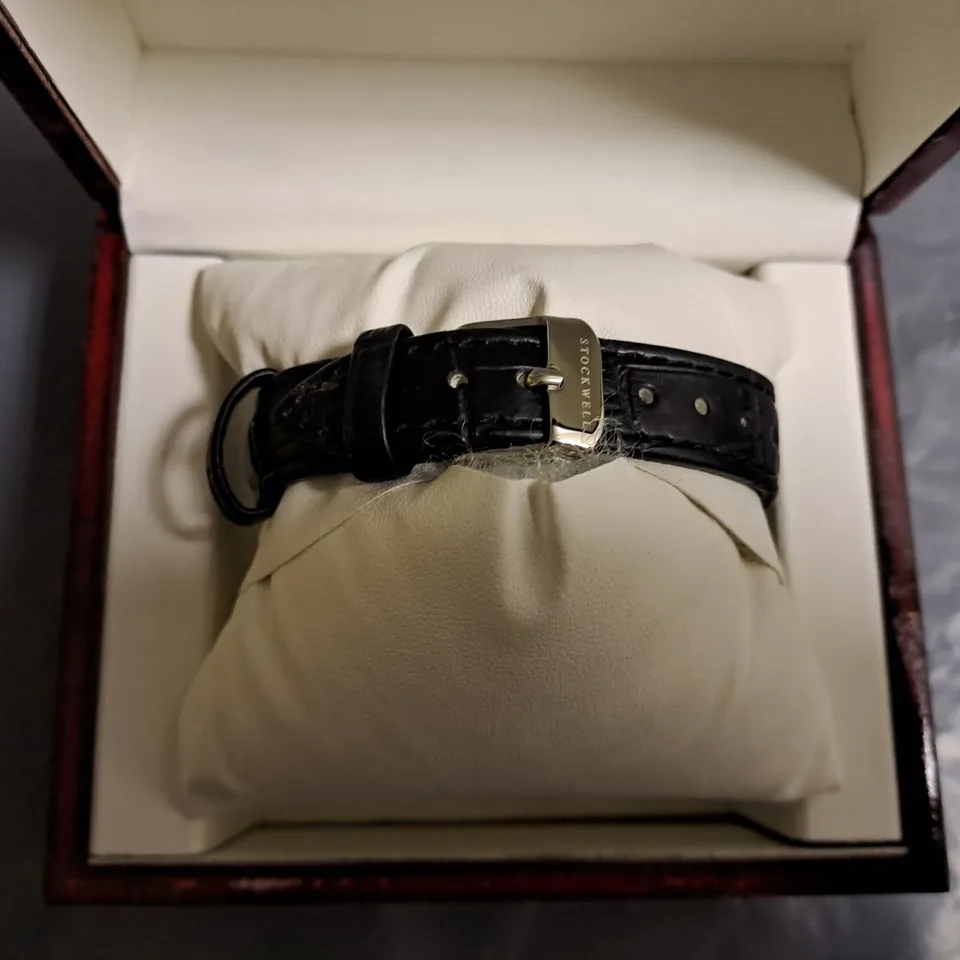 STOCKWELL RECTANGULAR BLACK DIAL LADIES WATCH WITH BLACK LEATHER STRAP