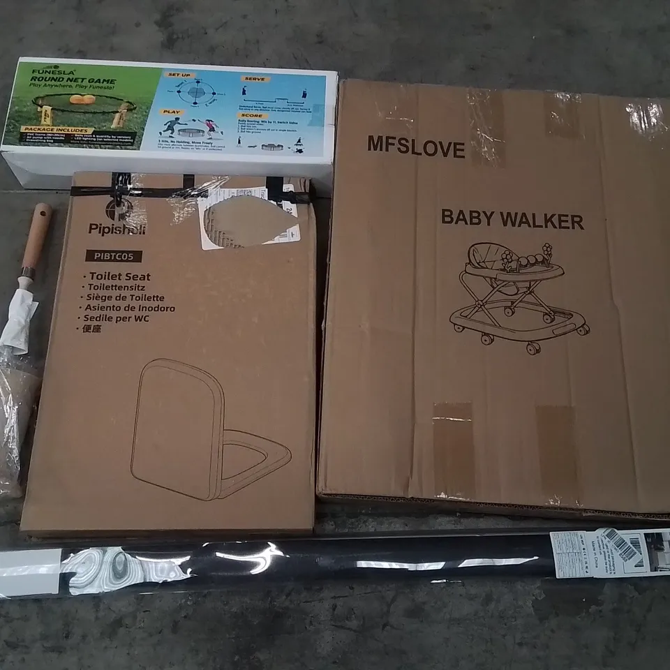 PALLET CONTAINING ASSORTED HOUSEHOLD PRODUCTS INCLUDING BABY WALKER, ROLLER BLIND, TOILET SEAT, TOILET BRUSH & ROUND NET GAME
