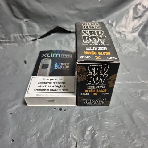 APPROXIMATELY 12 ASSORTED E-CIGARETTE PRODUCTS TO INCLUDE SAD BOY E-LIQUID & XLIM PRO POD