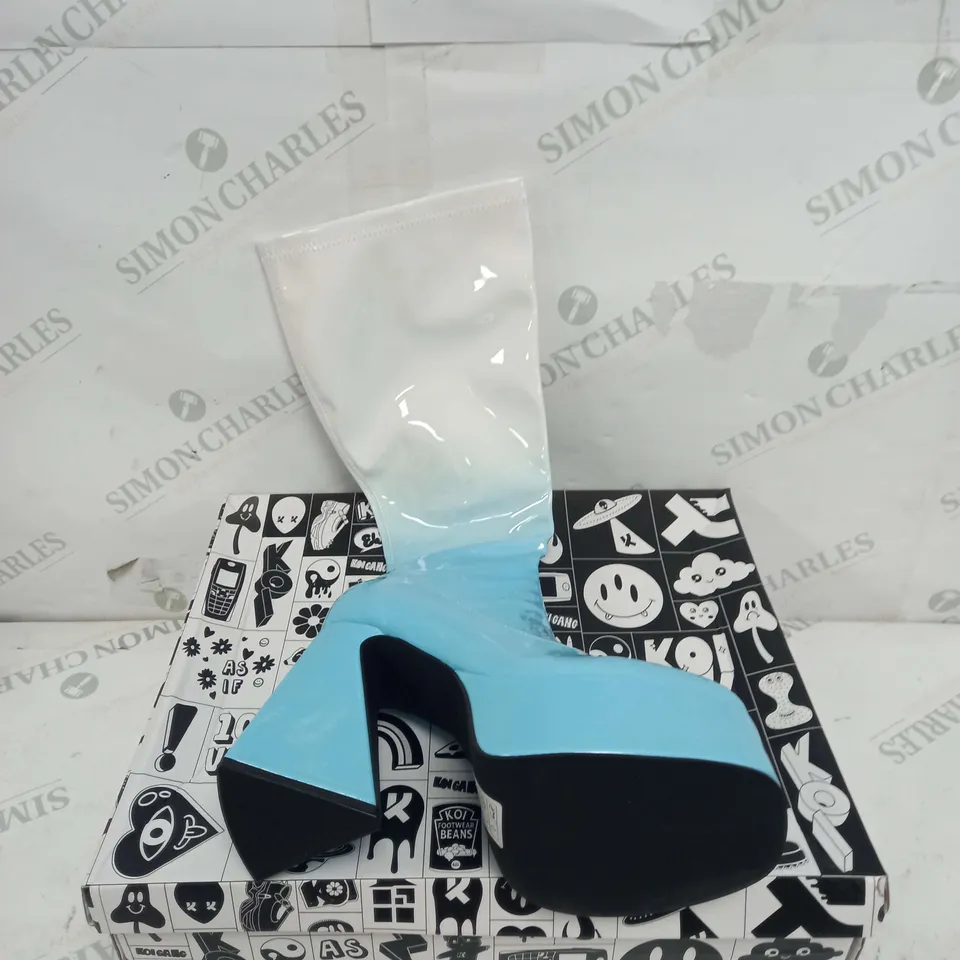 BOXED PAIR OF KOI FOOTWEAR BUBBLEGUM BURST LONG HEELED BOOTS IN BLUE OMBRE PATENT - SIZE 3