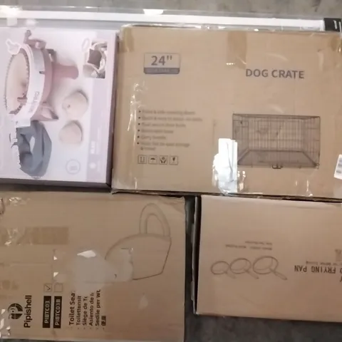 PALLET OF HOUSEHOLD ITEMS TO INCLUDE KNITTING MACHINE, BLINDS, DOG CRATES AND DIAMOND FLYING PAN SET ECT