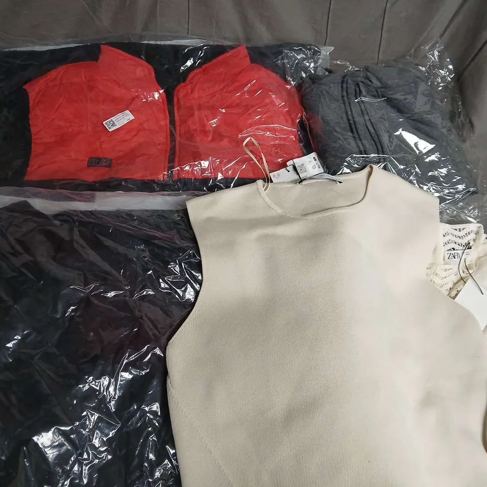 LARGE BOX OF ASSORTED CLOTHING ITEMS IN VARIOUS SIZES, STYLES AND COLOUR  TO INCLUDE JACKETS, TOPS, ETC