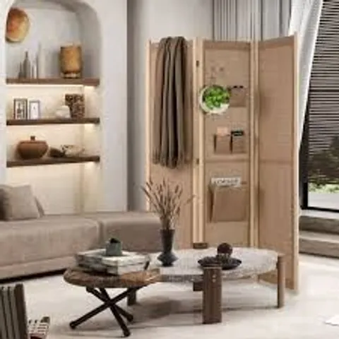 BOXED 4 PANEL FAUX LINEN ROOM DIVIDER WITH STORAGE BAGS -NATURAL 