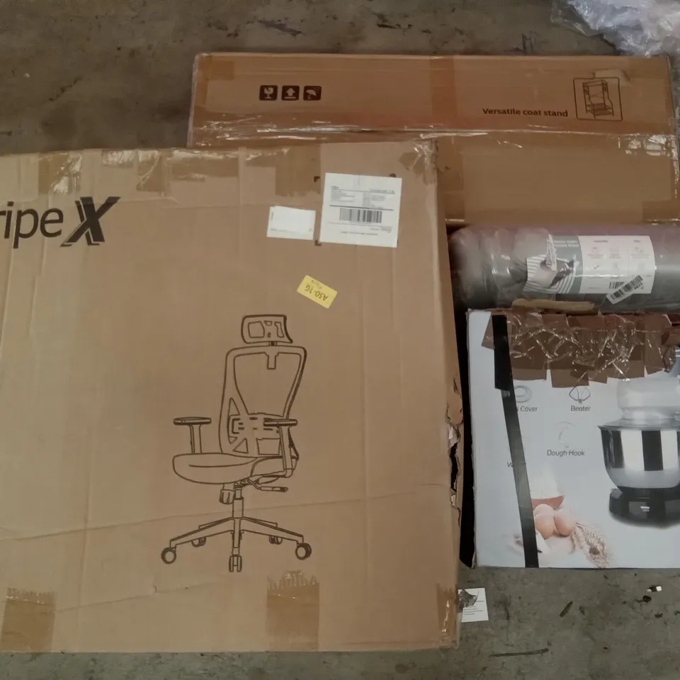 PALLET OF ASSORTED ITEMS INCLUDING DRIPEX OFFICE CHAIR, STAND MIXER, VERSATILE COAT STAND, POST SURGERY WEDGE CUSHION, STAINLESS STEEL WOK SET
