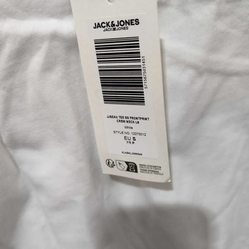 JACK & JONES WHITE CREW NECK T-SHIRT – SIZE UK S (EU S) – FRONT PRINT LOGO
