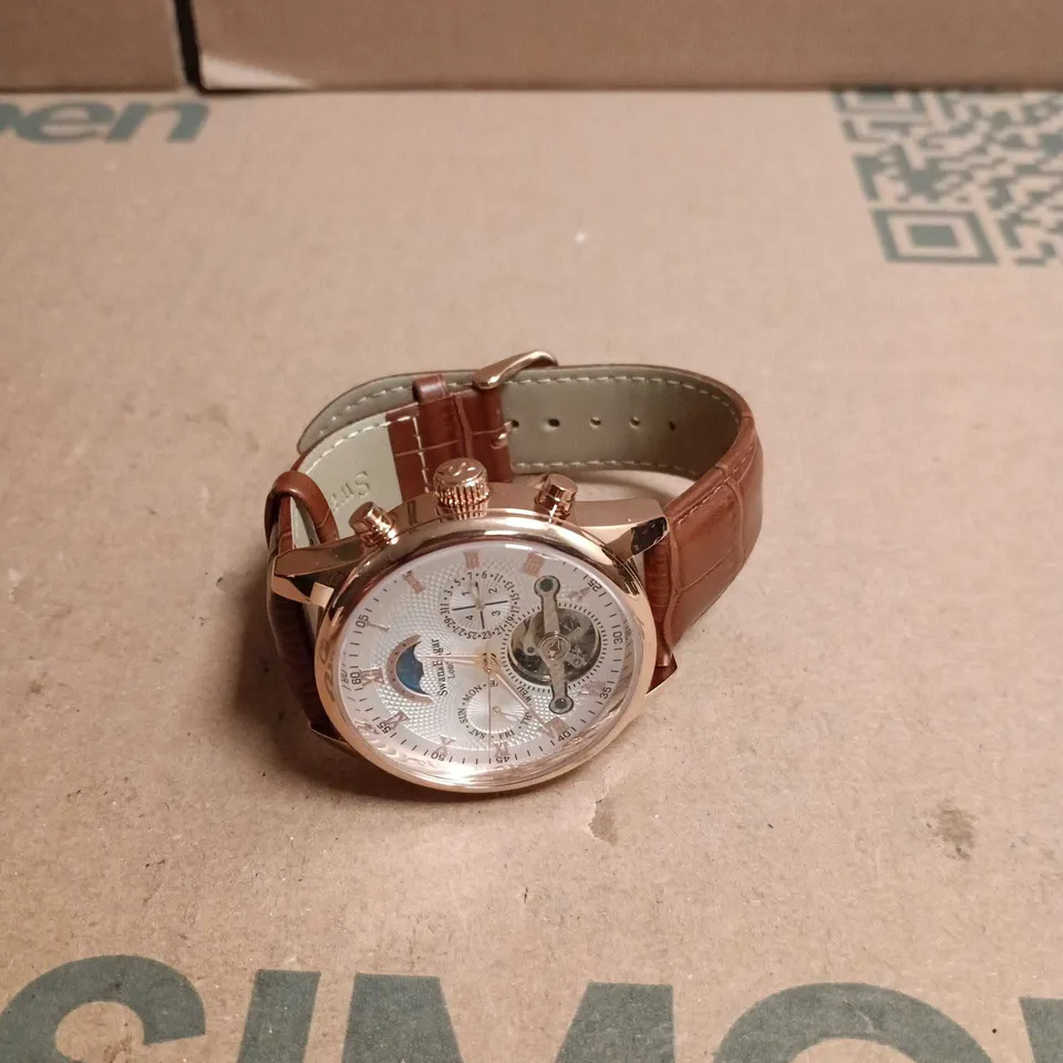 SWAN & EDGAR LONDON COMPLEXITY AUTOMATIC ROSE GOLD WATCH – BROWN LEATHER STRAP