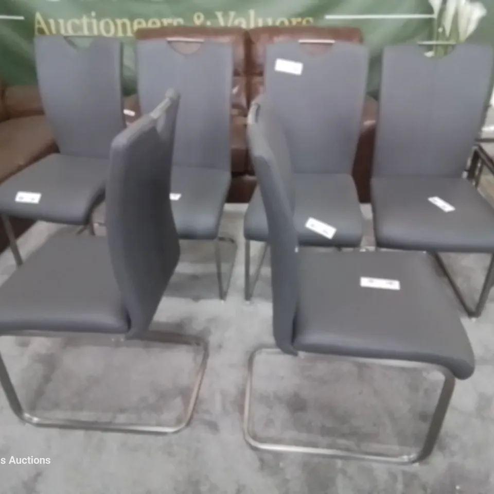 SET SIX GREY FAUX LEATHER DINING CHAIRS ON BRUSHED STEEL FRAMES