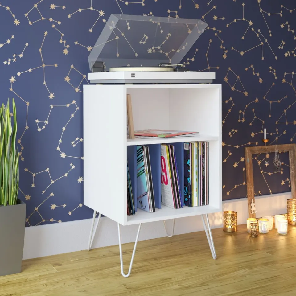 BOXED NOVOGRATZ 5 SHELF WHITE AND BLUE CONCORD TURNTABLE STAND