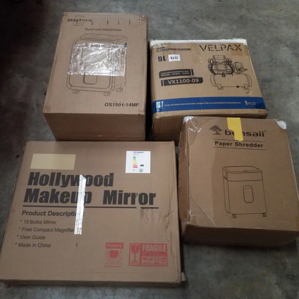 PALLET CONTAINING ASSORTED PRODUCTS INCLUDING HOLLYWOOD MAKEUP MIRROR, PAPER SHREDDER & AIR COMPRESSOR