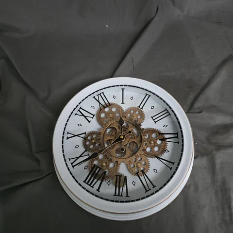 DECORATIVE WALL CLOCK WITH EXPOSED GEARS - WHITE DIAL, ROMAN NUMERALS