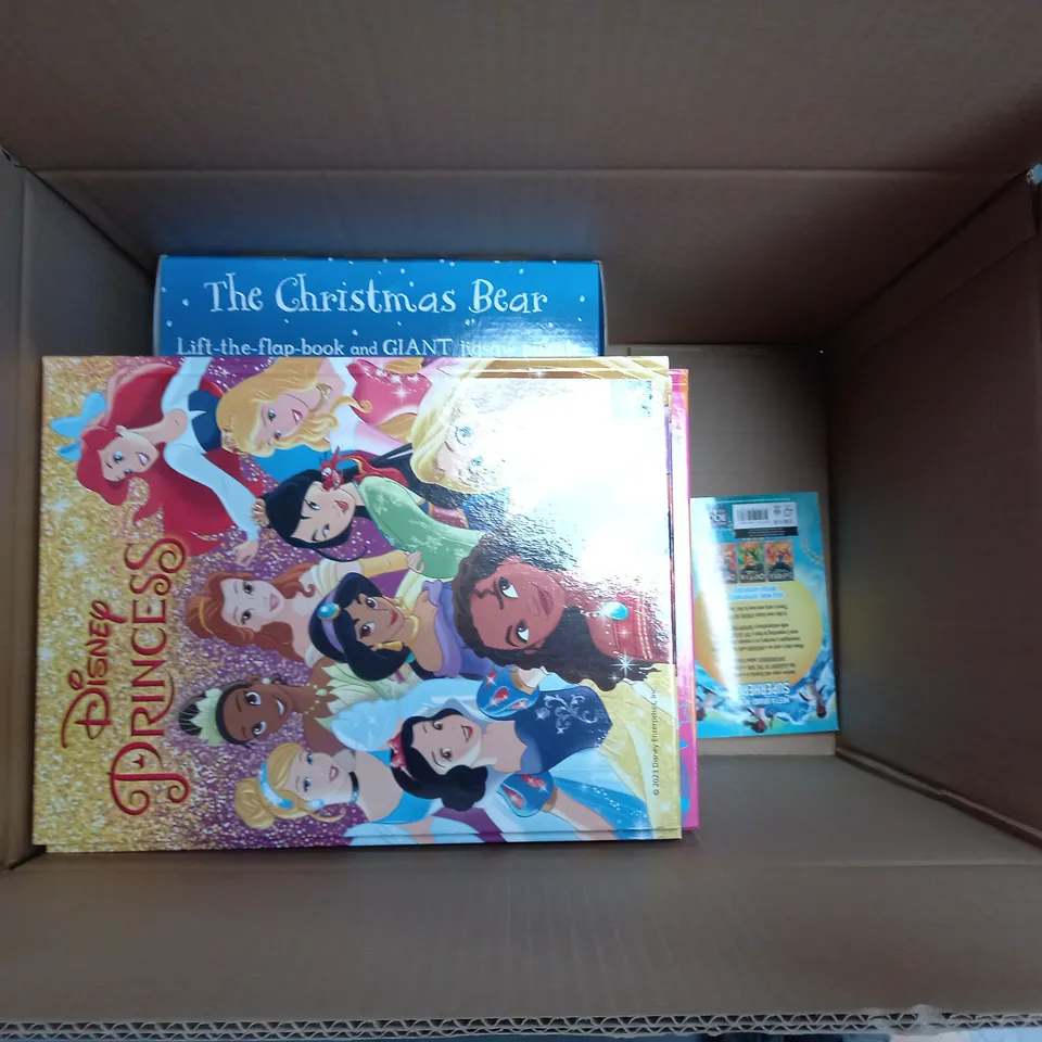 BOX OF APPROXIMATELY 10 ASSORTED BOOKS AND TOYS TO INCLUDE DISNEY, PRINCESS AND THE CHRISTMAS BEAR