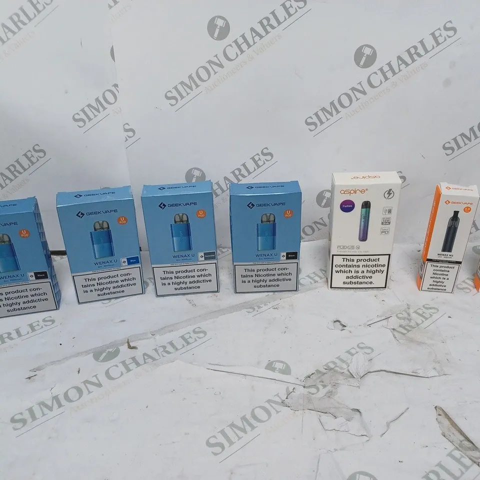 LOT OF APPROXIMATELY 10 BOXED E-CIGARETTES TO INCLUDE GEEKVAPE WENAX U, ASPIRE FLEXUS, AND GEEKVAPE WENAX M1 ETC.