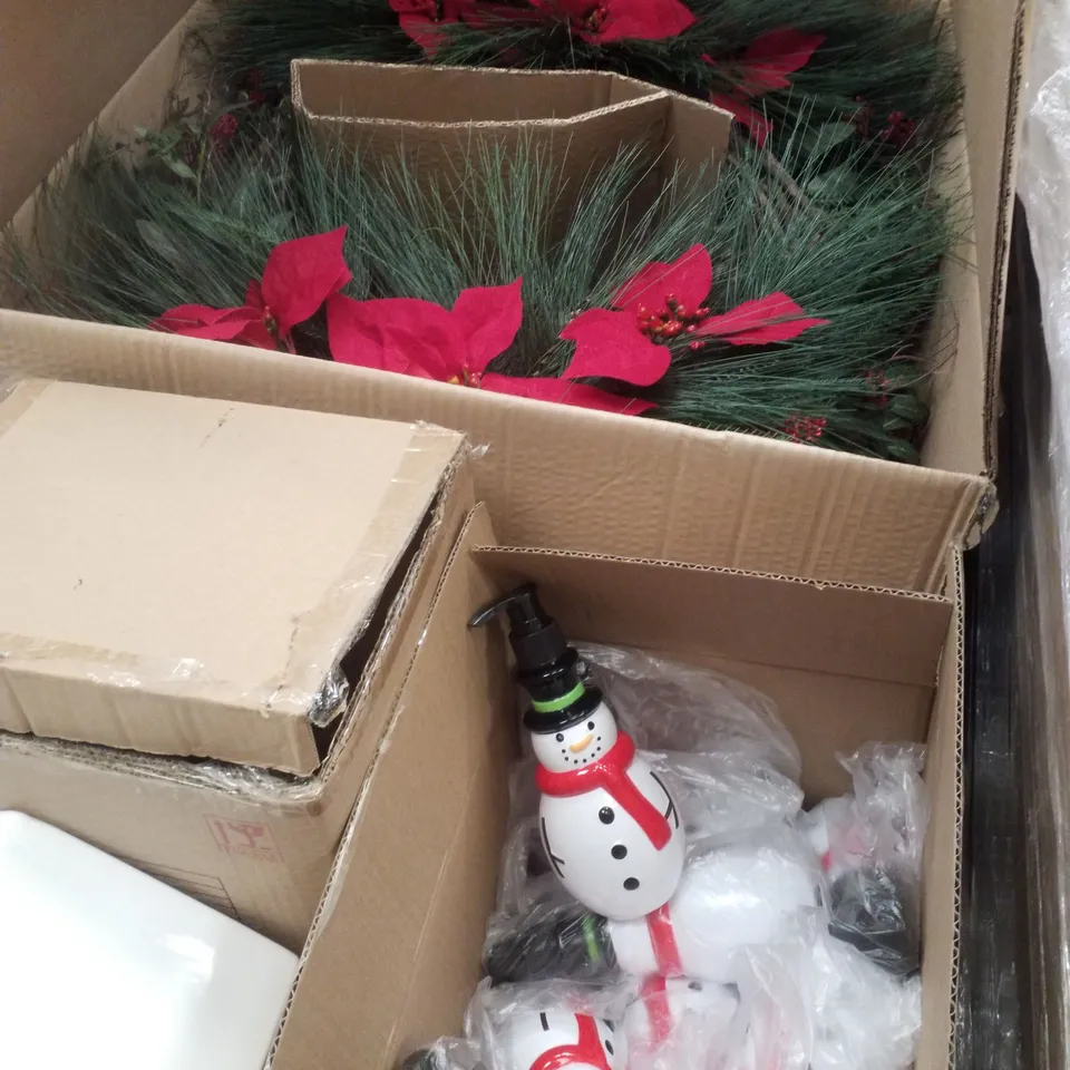 PALLET CONTAINING ASSORTED CHRISTMAS PRODUCTS & DECORATIONS INCLUDING LED WREATHS, GLAZED CERAMIC HOUSE, SNOWMAN SOUP DISPENSERS & WREATHS