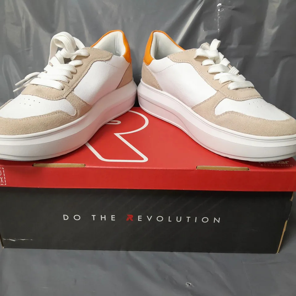 BOXED PAIR OF RIEKER REVOLUTION TRAINERS IN WHITE/PURPLE/SAND/ORANGE W. JEWEL EFFECT SIZE 6