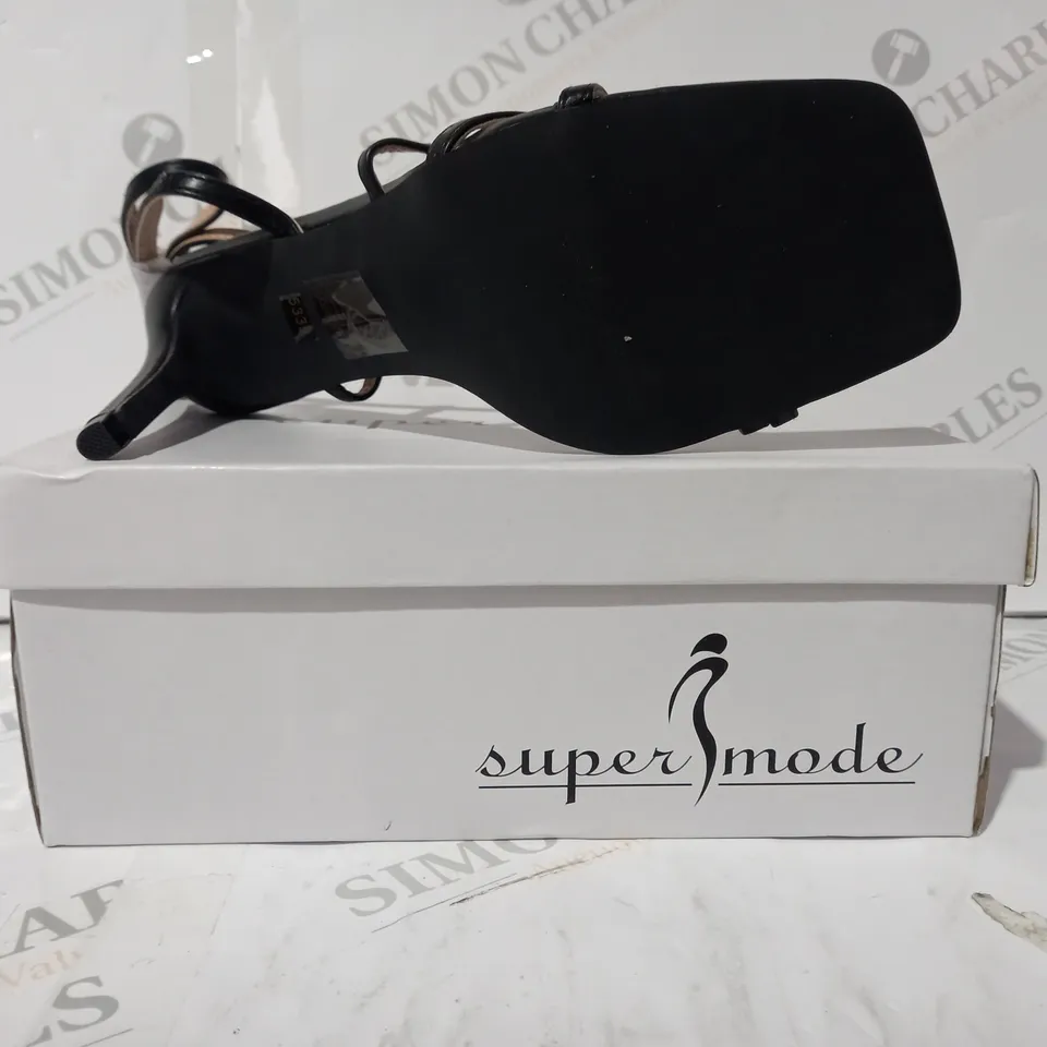 BOXED PAIR OF SUPER MODE OPEN TOE STRAPPY HEELED SANDALS IN BLACK EU SIZE 39