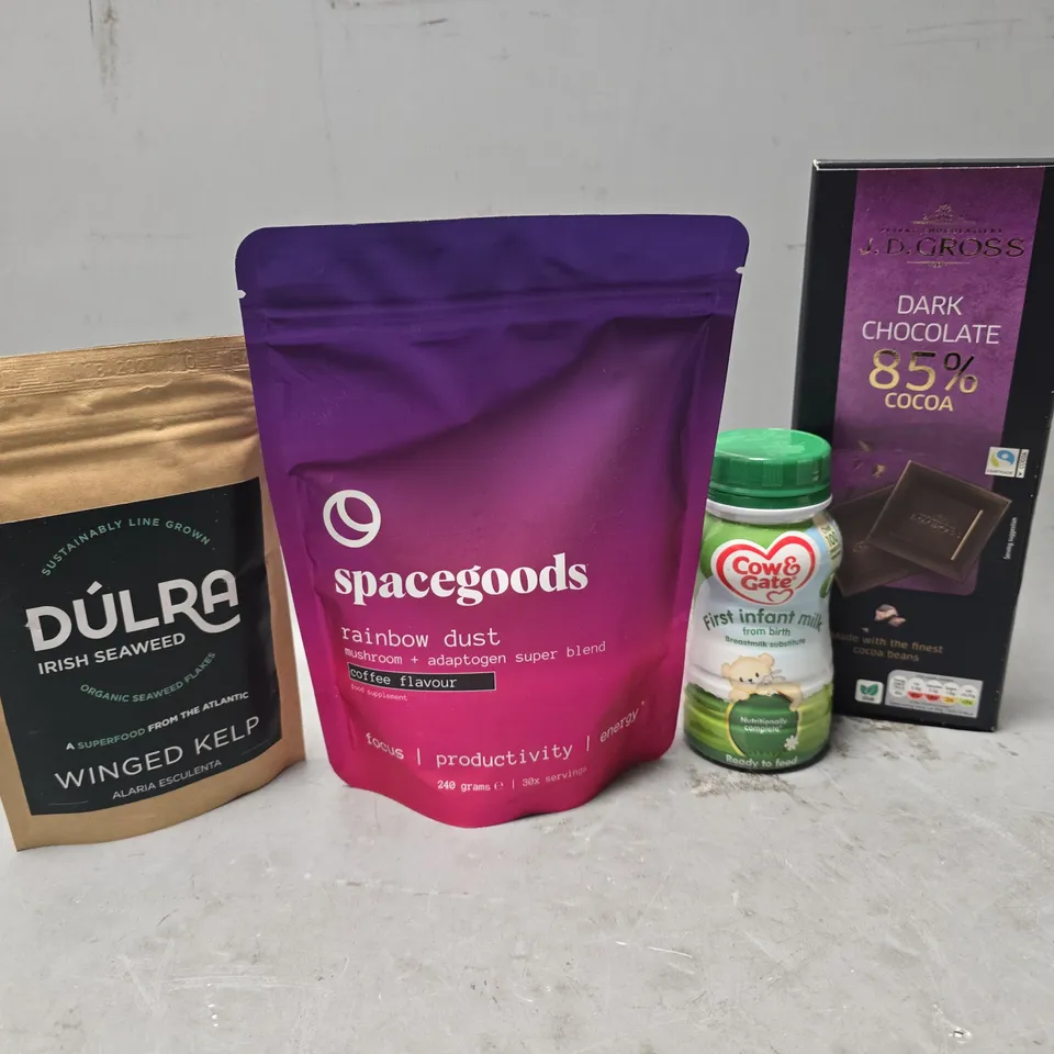 APPROXIMATELY 7 ASSORTED FOOD & DRINK ITEMS TO INCLUDE - SPACEGOODS RAINBOW DUST , WINGED KELP , COW & GATE INFANT MILK ETC