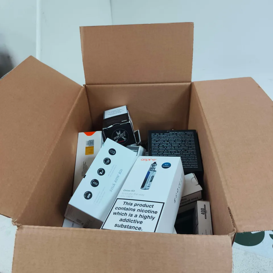 BOX OF APPROXIMATELY 25 ASSORTED E-CIGARETTES AND COMPONENTS TO INCLUDE SQUAD, ASPIRE, SMOK ETC