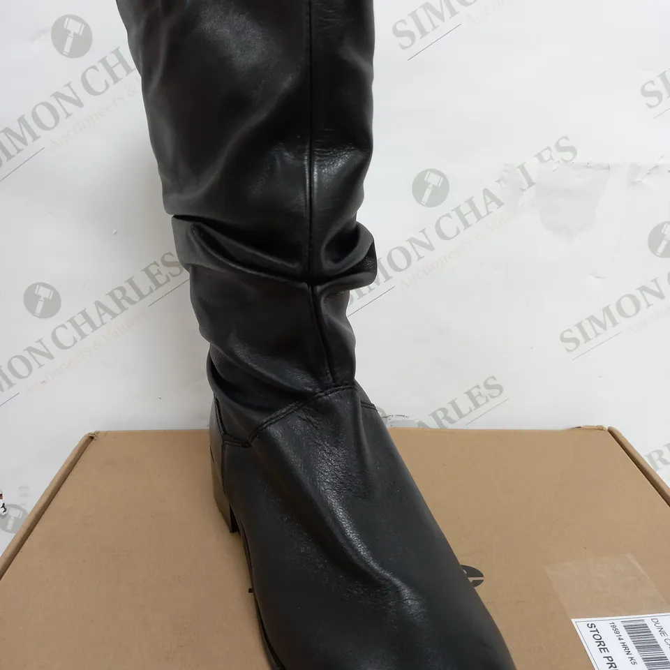 BOXED DUNE LEATHER RUCHED CALF BOOTS, BLACK - SIZE 5 
