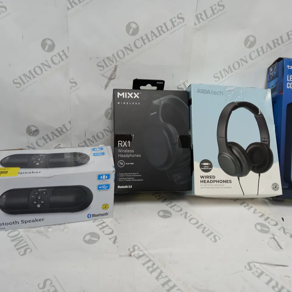 BOX OF APPROXIMATELY 20 ASSORTED ELECTRICALS TO INCLUDE MIXX RX1 HEADPHONES, ONN PORTABLE BLUETOOTH SPEAKER, LED COLOUR BAR, ETC