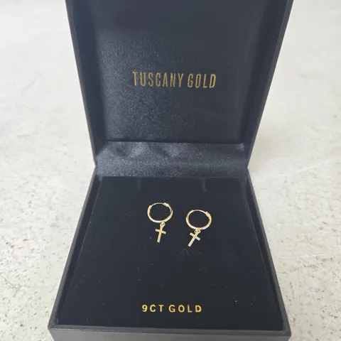 TUSCANY GOLD 9CT GOLD HOOP EARRINGS WITH CROSS CHARMS