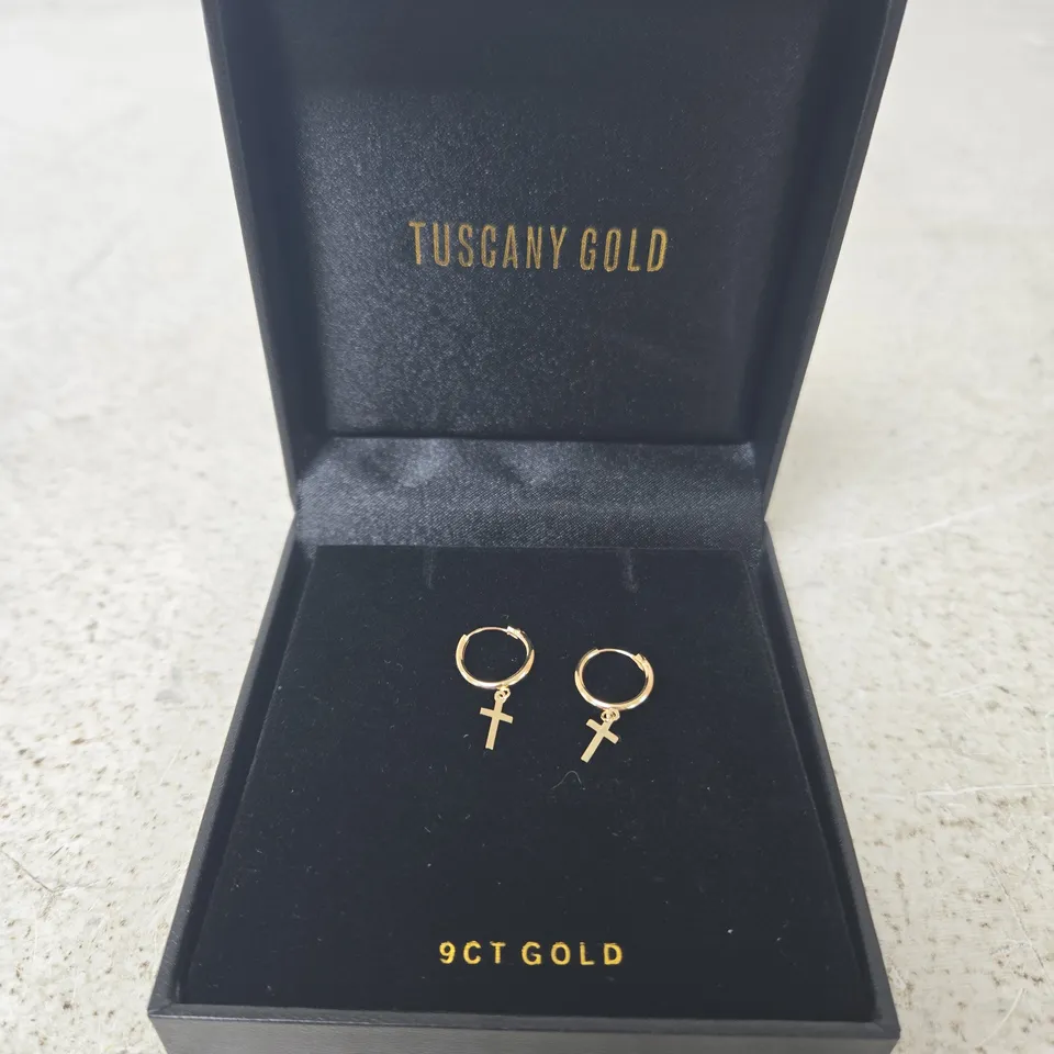 TUSCANY GOLD 9CT GOLD HOOP EARRINGS WITH CROSS CHARMS