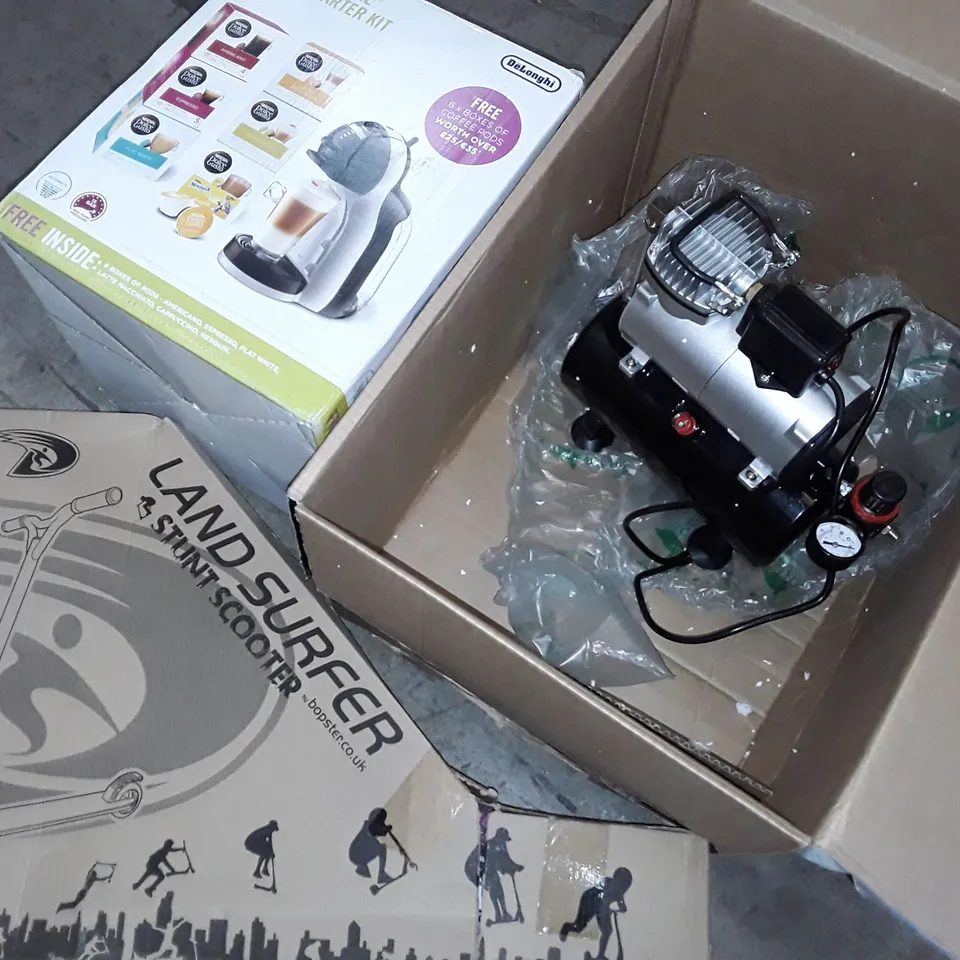 UNPROCESSED PALLET OF ASSORTED ITEMS TO INCLUDE AIR COMPRESSOR, STUNT SCOOTER AND KIDS AVENGERS BIKE