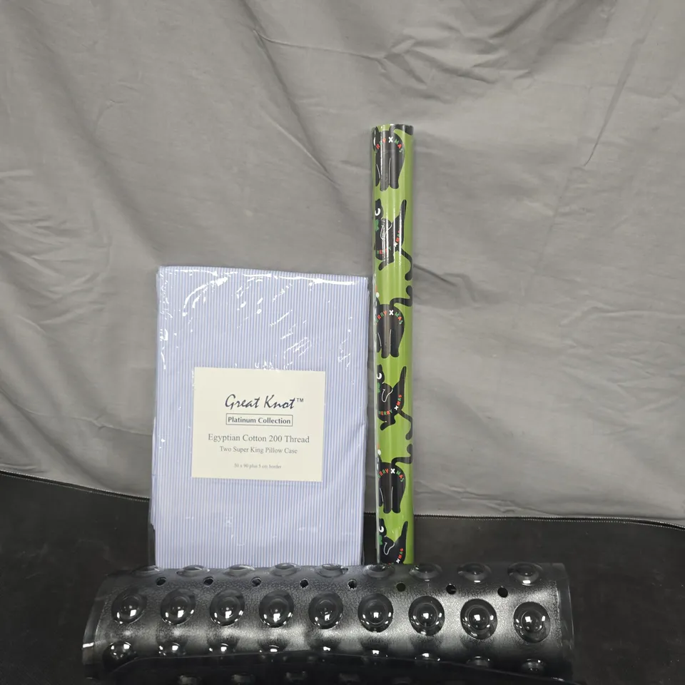 BOX OF APPROXIMATELY 15 ASSORTED HOUSEHOLD ITEMS TO INCLUDE PILLOWCASES, FESTIVE CAT WRAPPING PAPER AND A CLEAR RUBBER MAT