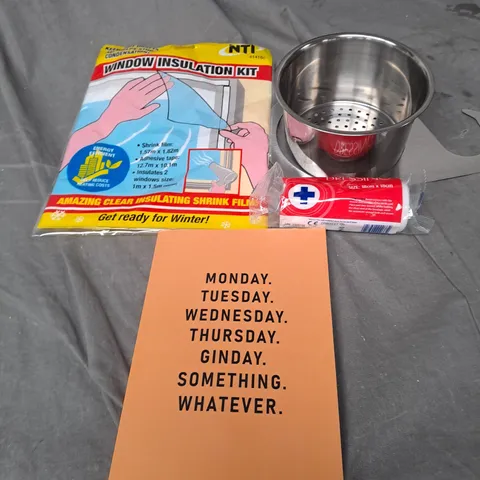 APPROXIMATELY 15 ASSORTED HOUSEHOLD PRODUCTS TO INCLUDE WINDOW INSULATION KIT, PLANNER AND A DRESSING