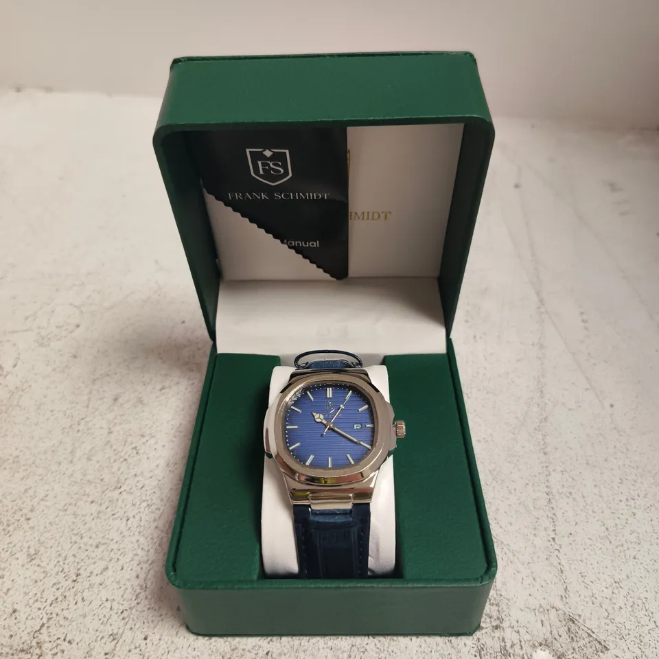STAINLESS STEEL WRISTWATCH WITH BLUE DIAL AND BLUE LEATHER STRAP IN GREEN PRESENTATION BOX