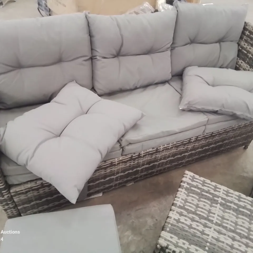 3 SEATER RATTAN SOFA AND 3 FOOT STOOLS WITH ASSORTED CUSHIONS, 