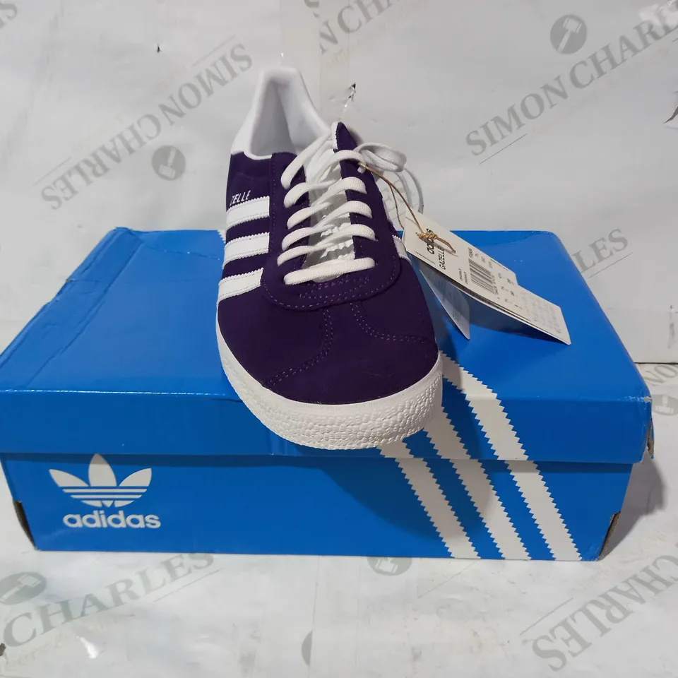 BOXED PAIR OF ADIDAS GAZELLE SHOES IN PURPLE UK SIZE 7.5