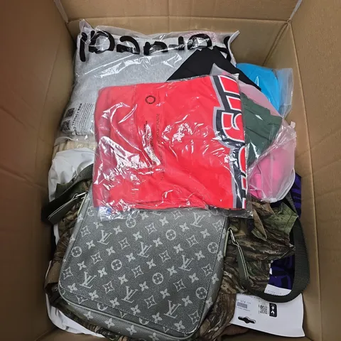 LARGE BOX OF APPROXIMATELY 20 ASSORTED CLOTHING ITEMS IN VARIOUS SIZES, STYLES AND COLOURS