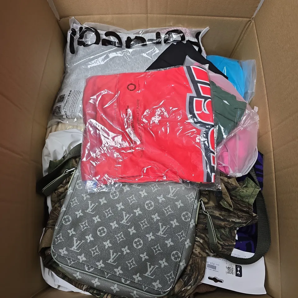LARGE BOX OF APPROXIMATELY 20 ASSORTED CLOTHING ITEMS IN VARIOUS SIZES, STYLES AND COLOURS