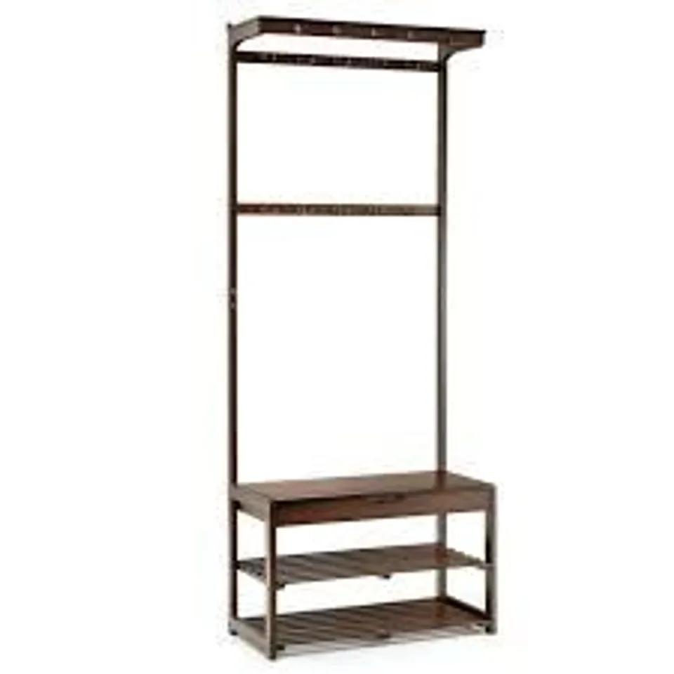 BOXED ENTRYWAY STORAGE ORGANIZER WITH 10 HANGING HOOKS AND 2-TIER SHOE SHELVES-COFFEE