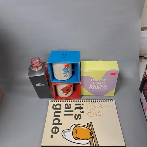 BOX OF ASSORTED HOUSEHOLD ITEMS TO INCLUDE MUGS, NOTEPADS, CANDLES ETC