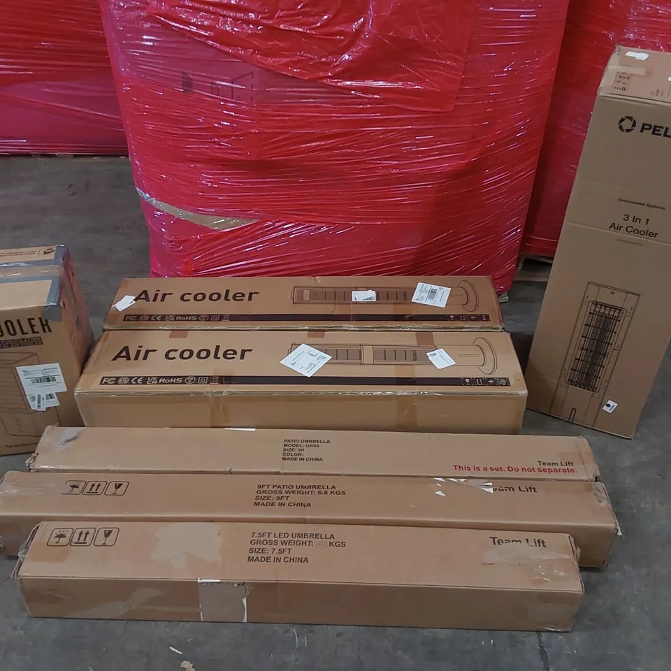 PALLET OF ASSORTED CONSUMER PRODUCTS TO INCLUDE: AIR COOLERS, PATIO UMBRELLAS ECT